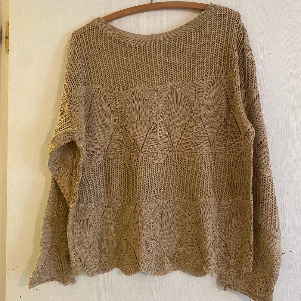 Women's Boat Neck Knit Sweater Size XL Tan NIP See Through